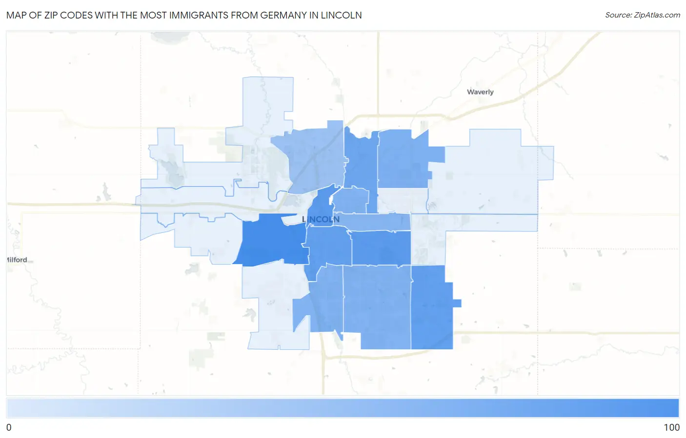 Zip Codes with the Most Immigrants from Germany in Lincoln Map