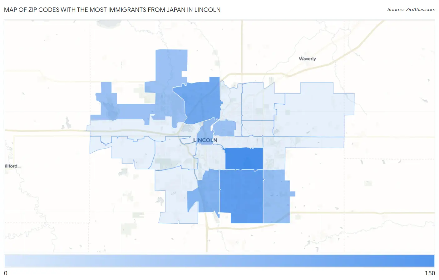 Zip Codes with the Most Immigrants from Japan in Lincoln Map