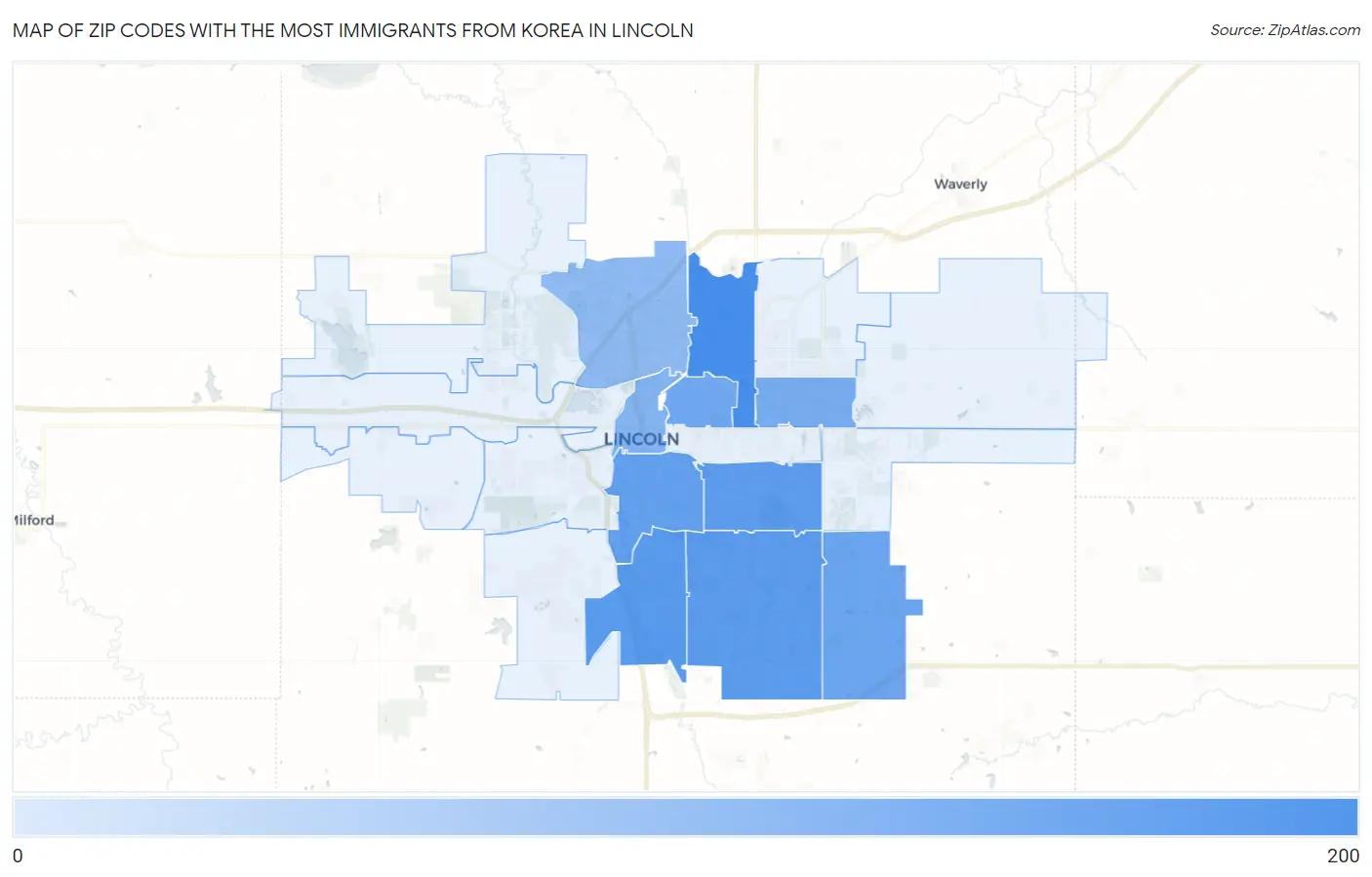 Zip Codes with the Most Immigrants from Korea in Lincoln Map