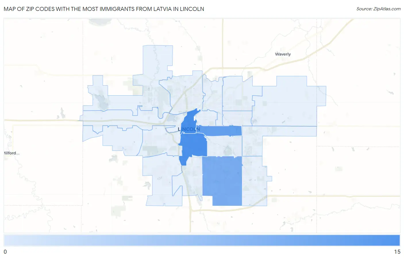 Zip Codes with the Most Immigrants from Latvia in Lincoln Map