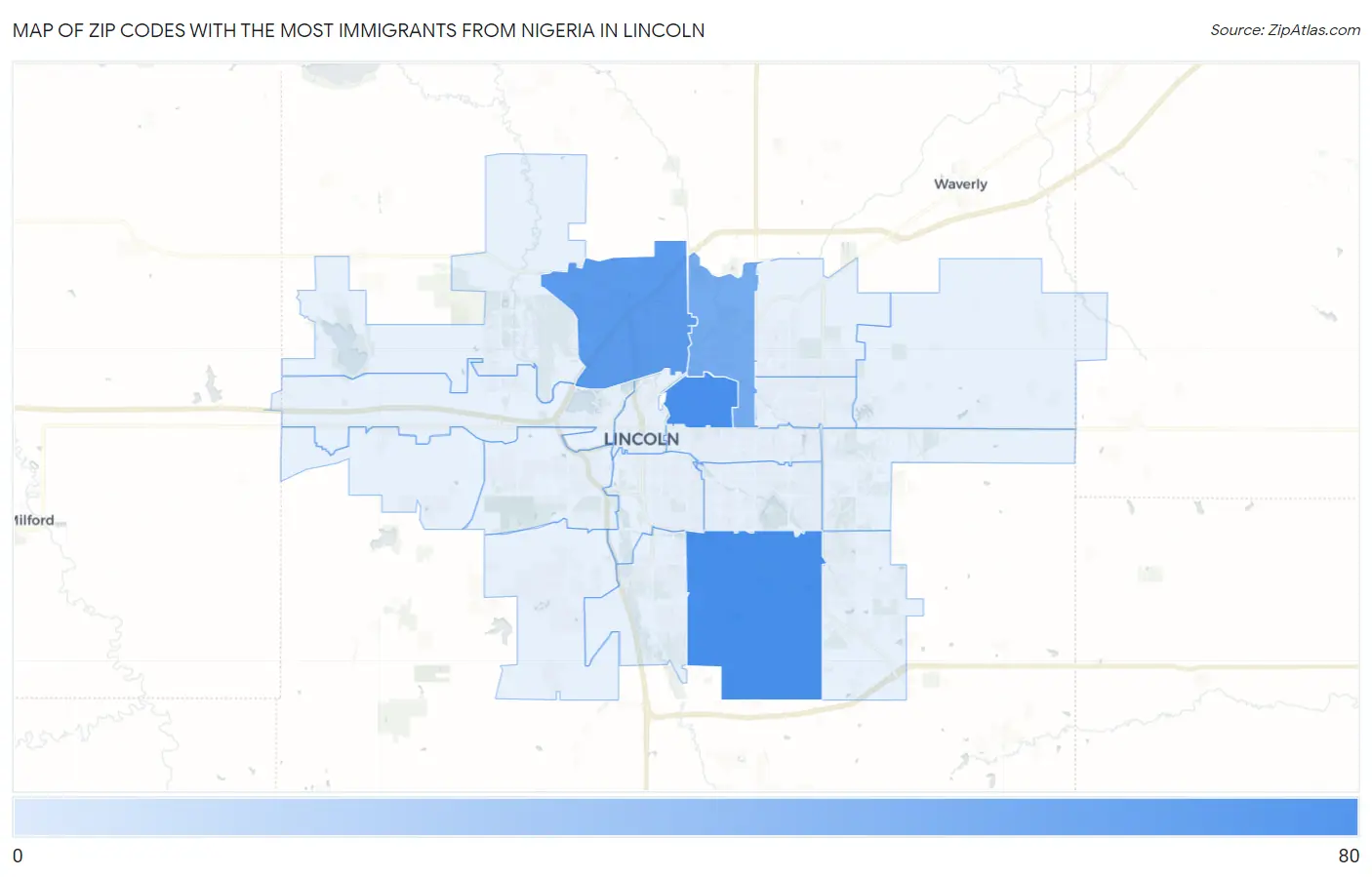 Zip Codes with the Most Immigrants from Nigeria in Lincoln Map
