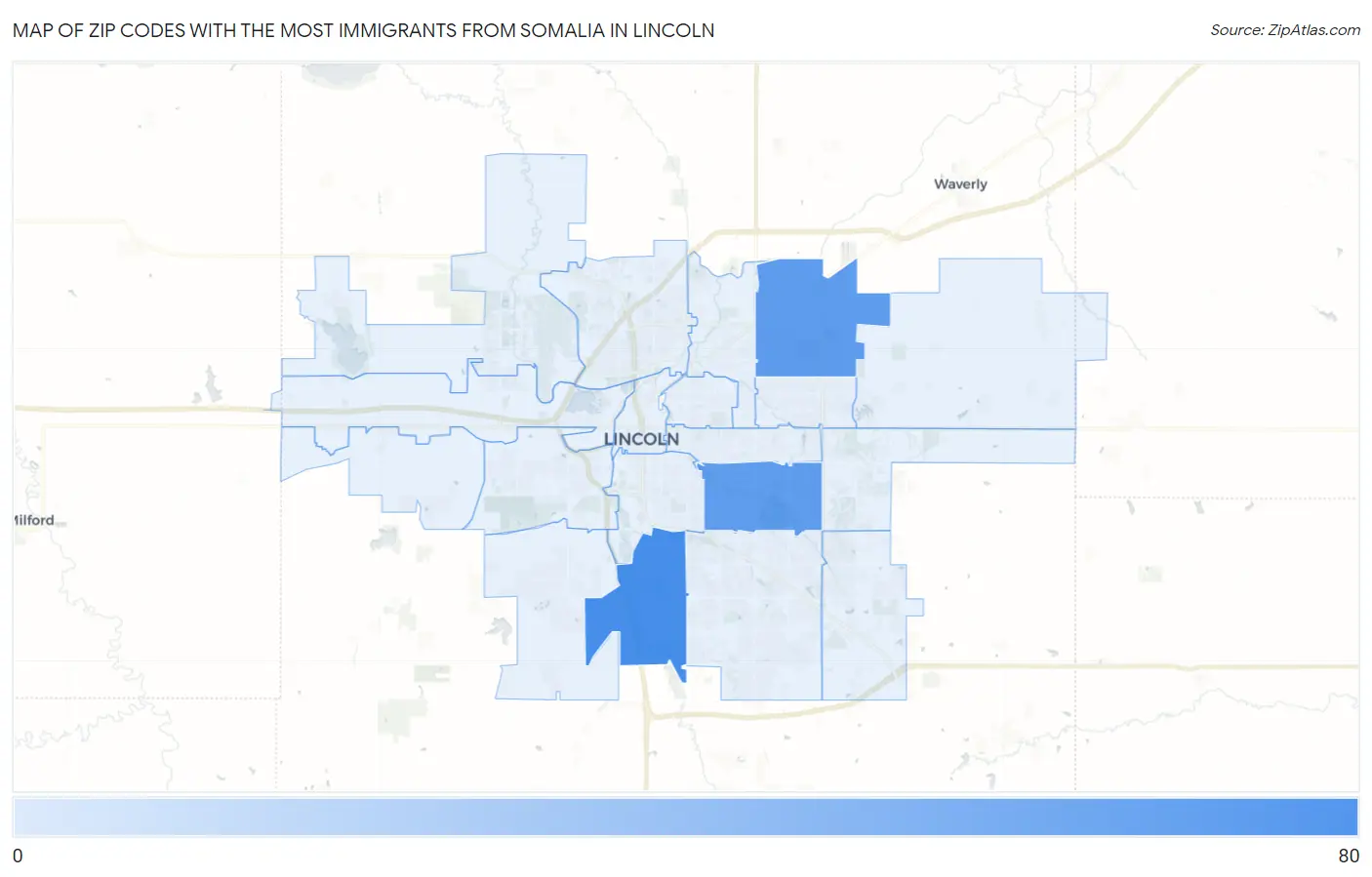 Zip Codes with the Most Immigrants from Somalia in Lincoln Map