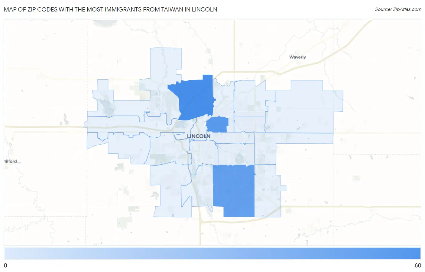 Zip Codes with the Most Immigrants from Taiwan in Lincoln Map