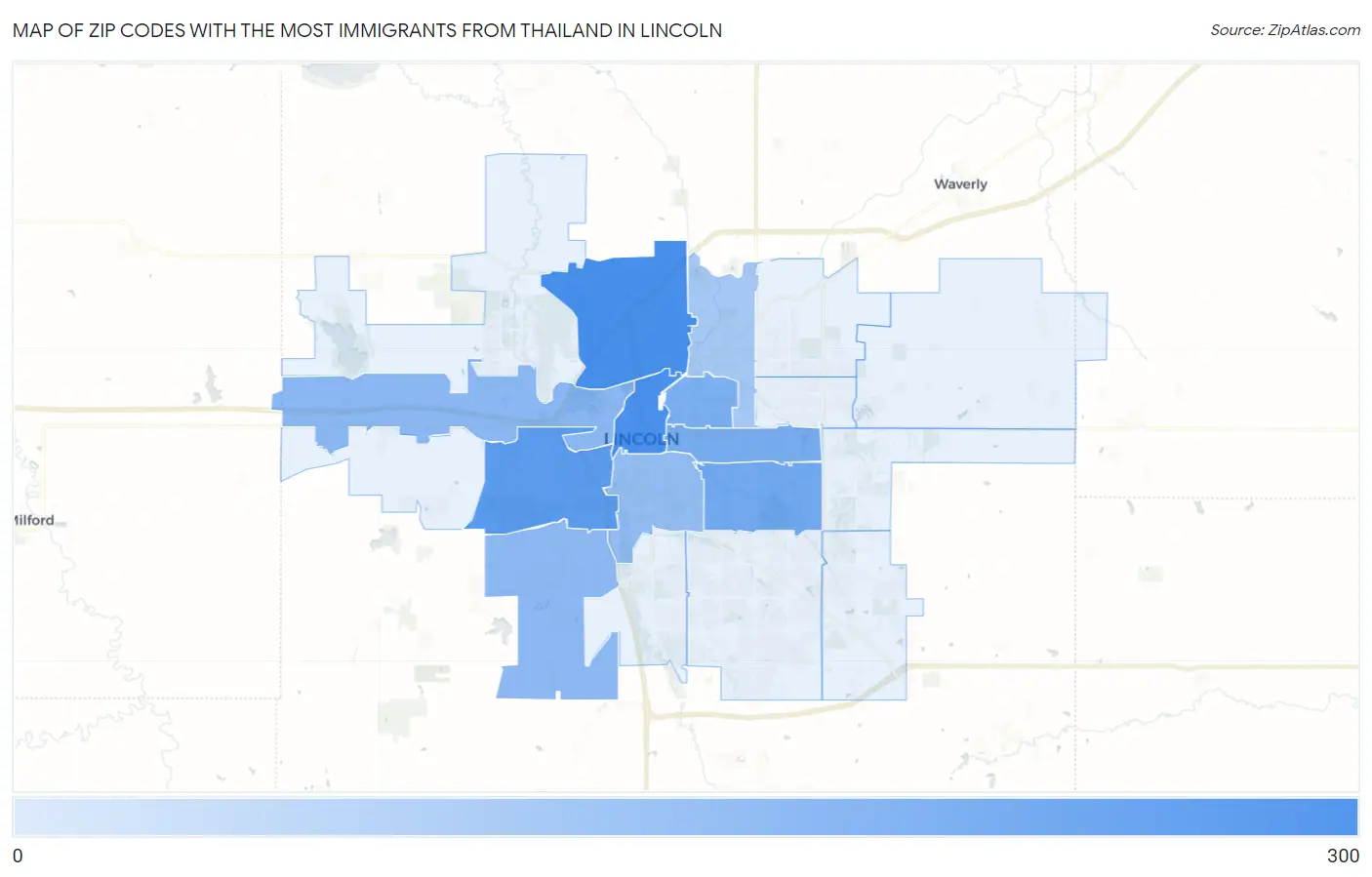 Zip Codes with the Most Immigrants from Thailand in Lincoln Map