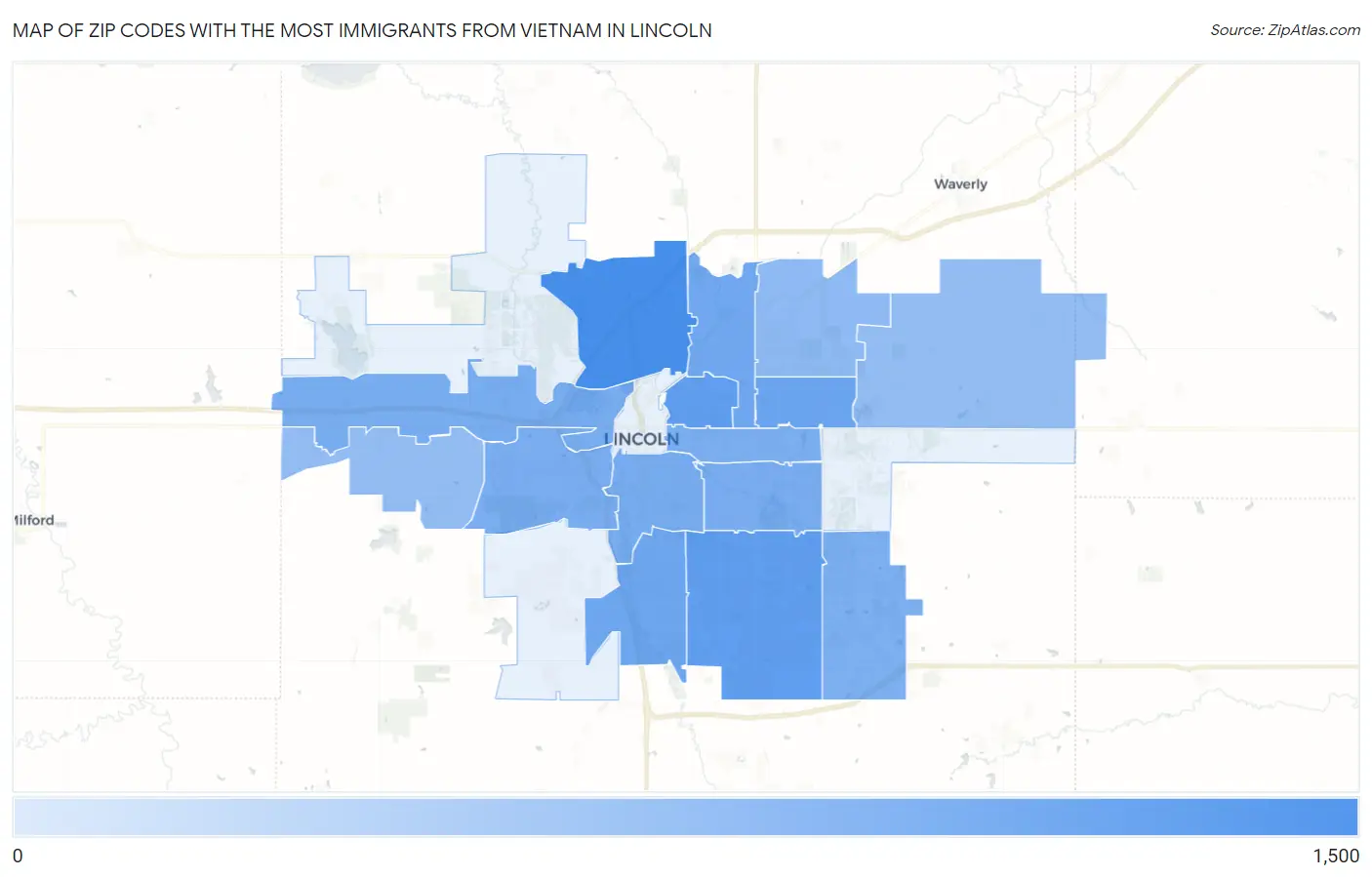 Zip Codes with the Most Immigrants from Vietnam in Lincoln Map
