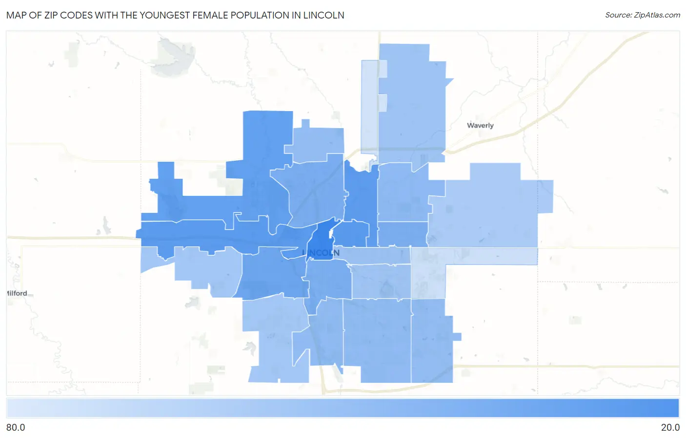 Zip Codes with the Youngest Female Population in Lincoln Map