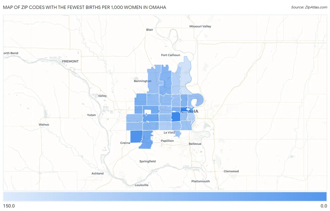 Zip Codes with the Fewest Births per 1,000 Women in Omaha Map