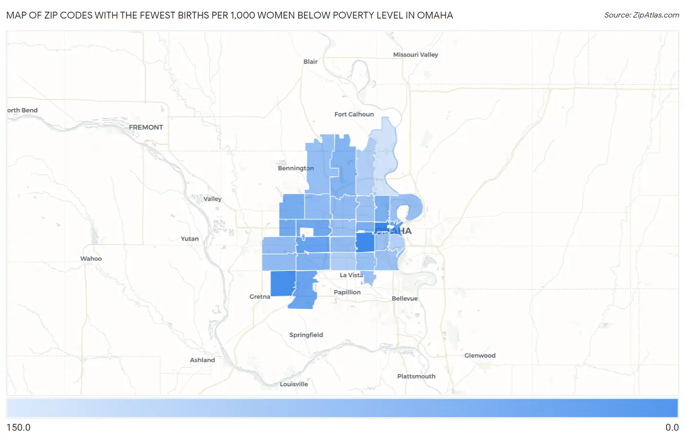 Zip Codes with the Fewest Births per 1,000 Women Below Poverty Level in Omaha Map