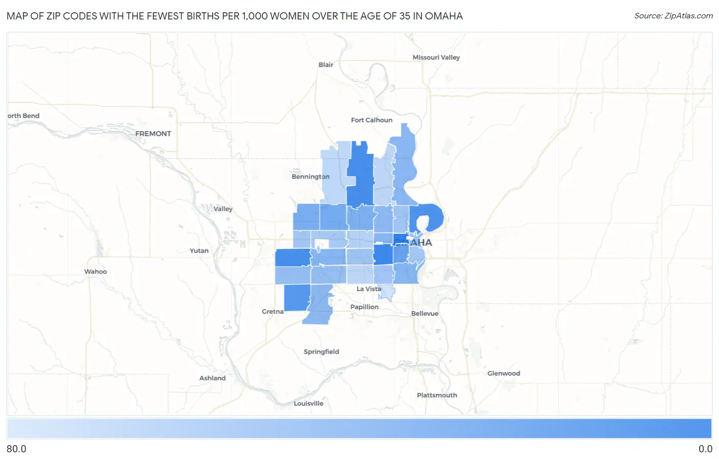 Zip Codes with the Fewest Births per 1,000 Women Over the Age of 35 in Omaha Map