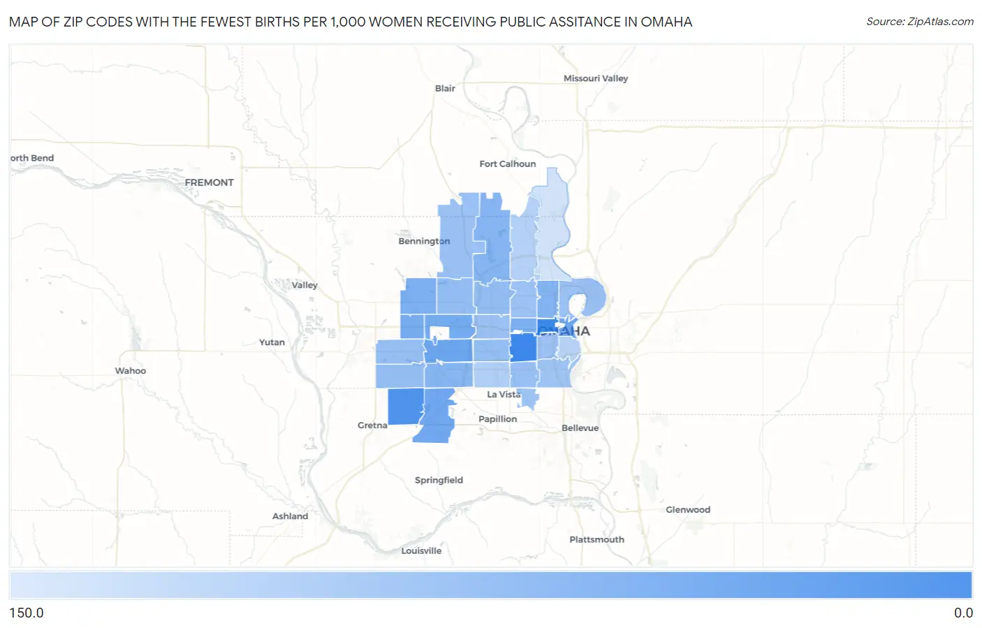 Zip Codes with the Fewest Births per 1,000 Women Receiving Public Assitance in Omaha Map