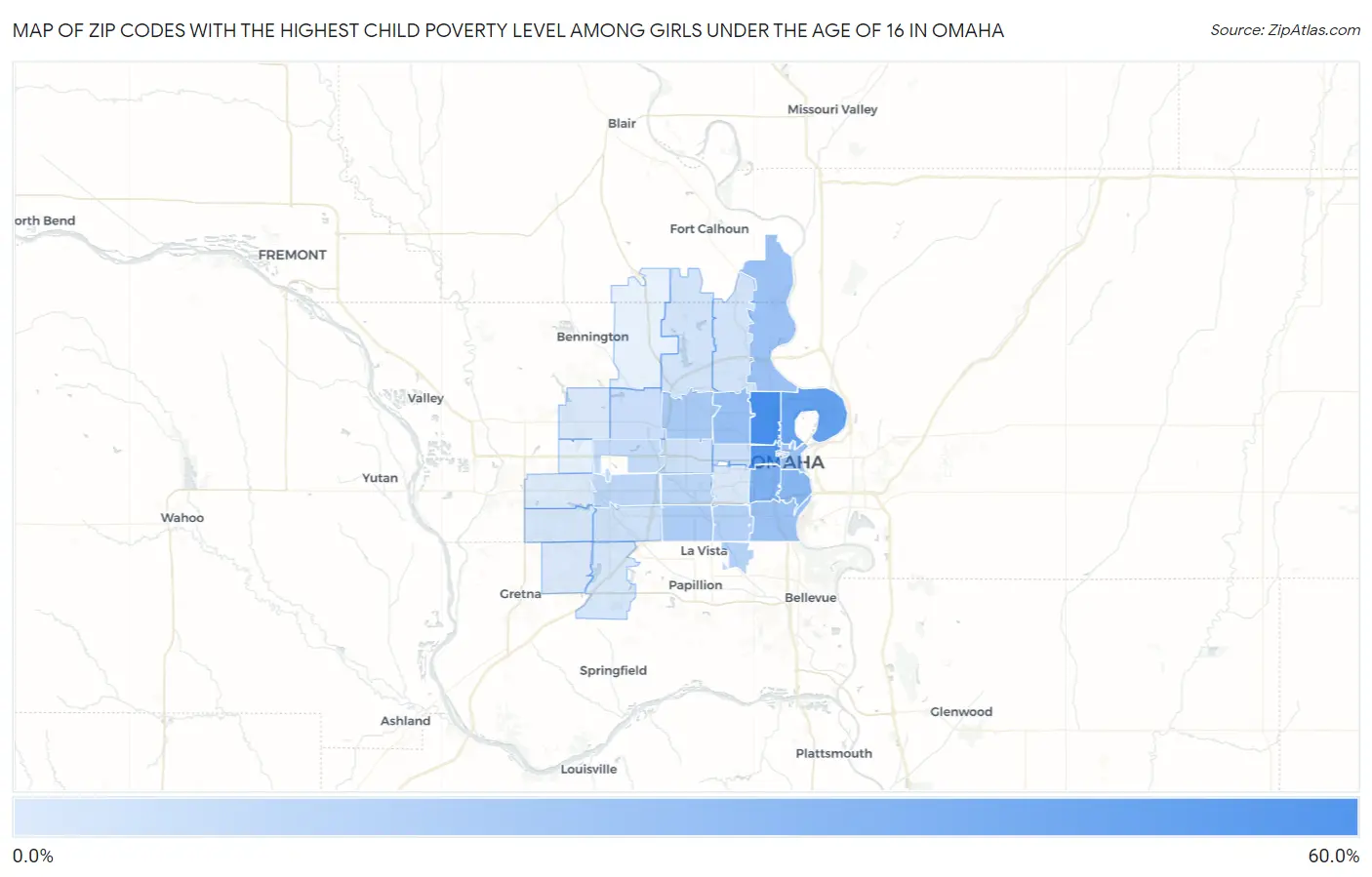 Zip Codes with the Highest Child Poverty Level Among Girls Under the Age of 16 in Omaha Map