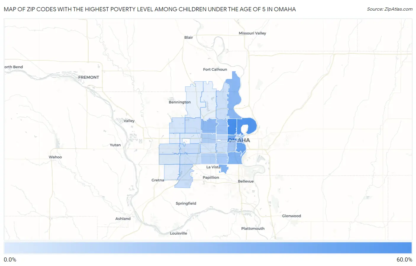 Zip Codes with the Highest Poverty Level Among Children Under the Age of 5 in Omaha Map