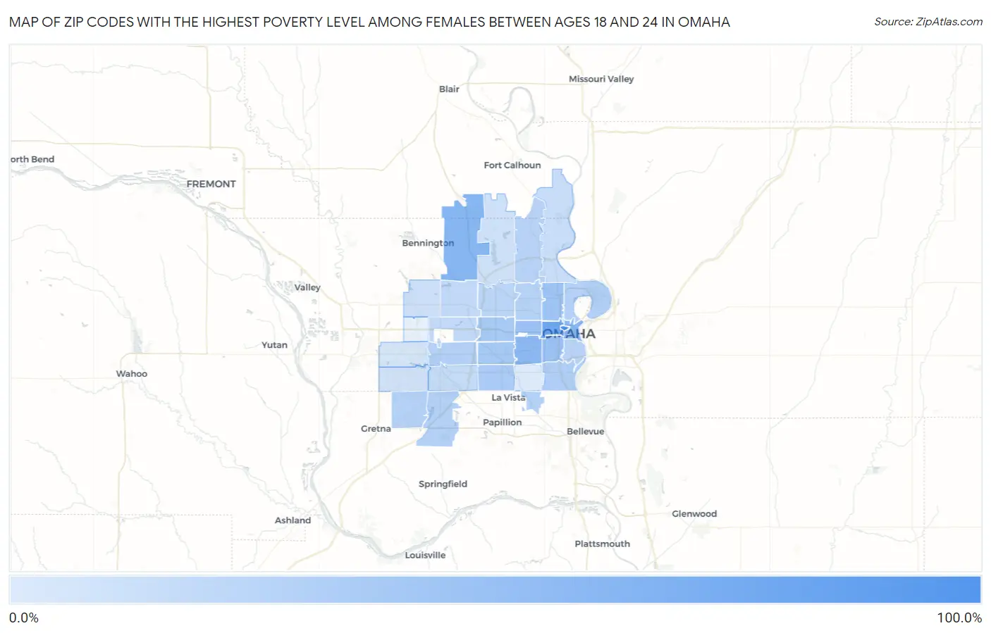 Zip Codes with the Highest Poverty Level Among Females Between Ages 18 and 24 in Omaha Map