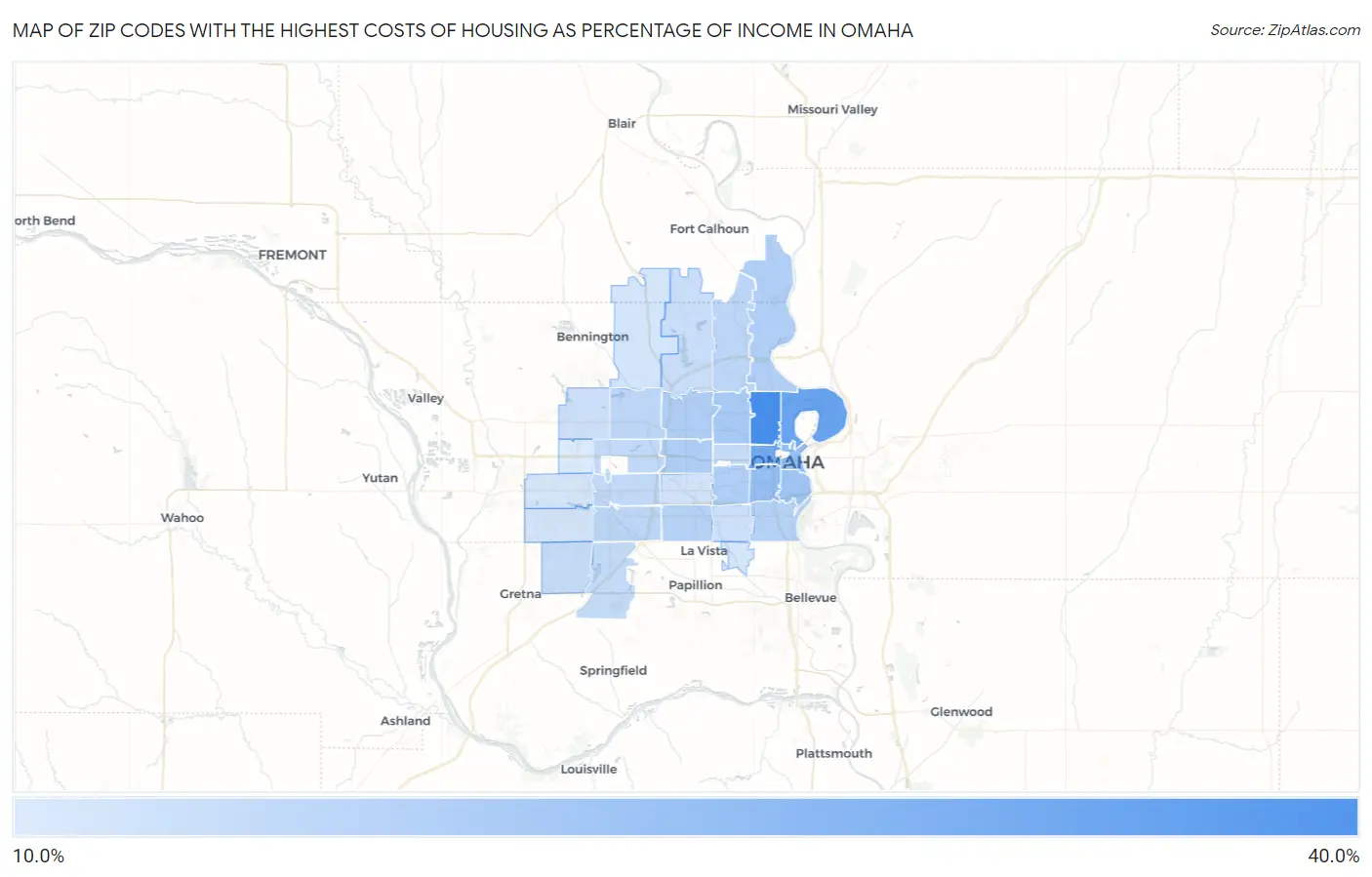 Zip Codes with the Highest Costs of Housing as Percentage of Income in Omaha Map