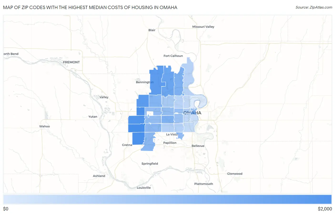 Zip Codes with the Highest Median Costs of Housing in Omaha Map