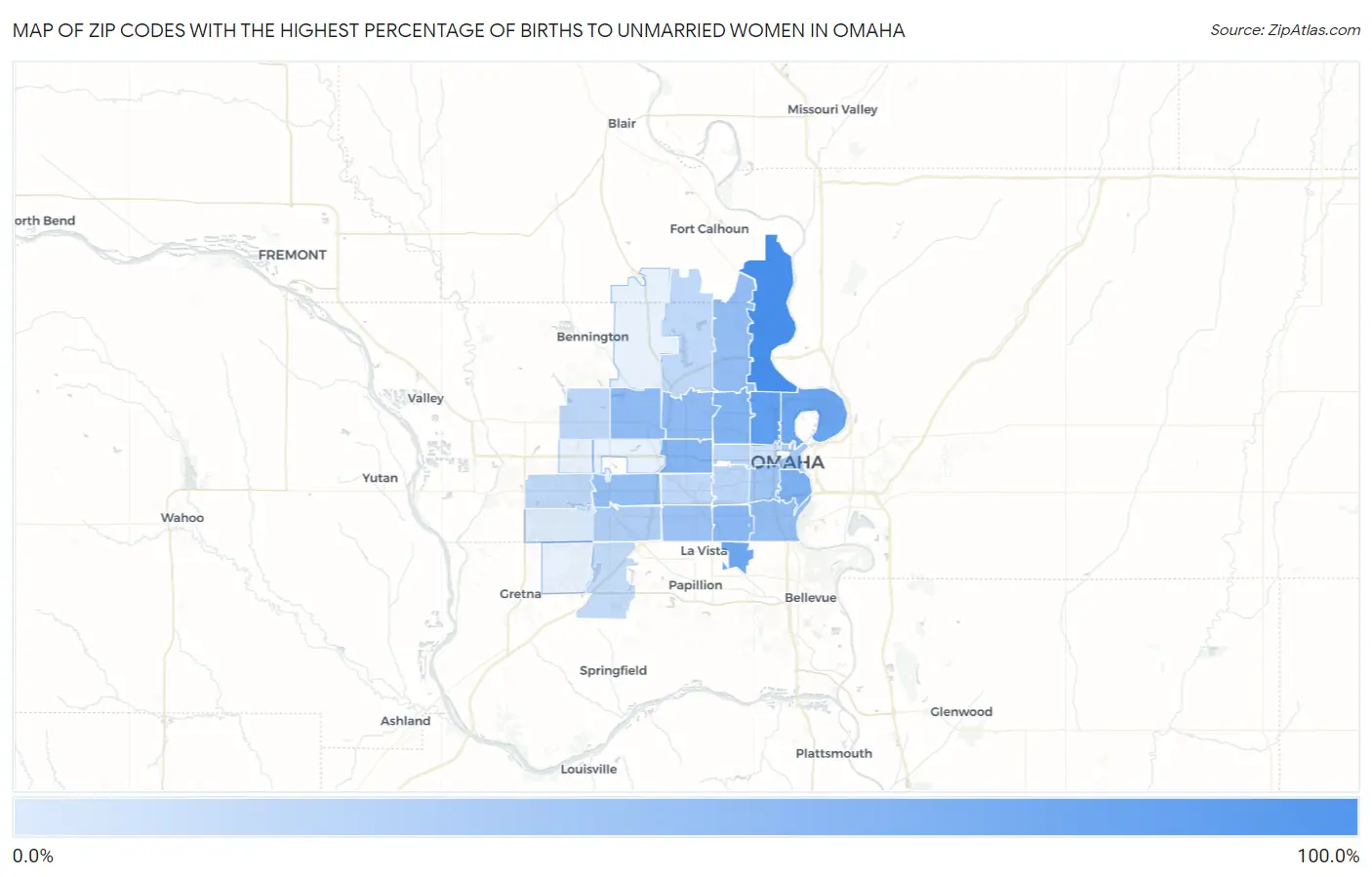 Zip Codes with the Highest Percentage of Births to Unmarried Women in Omaha Map