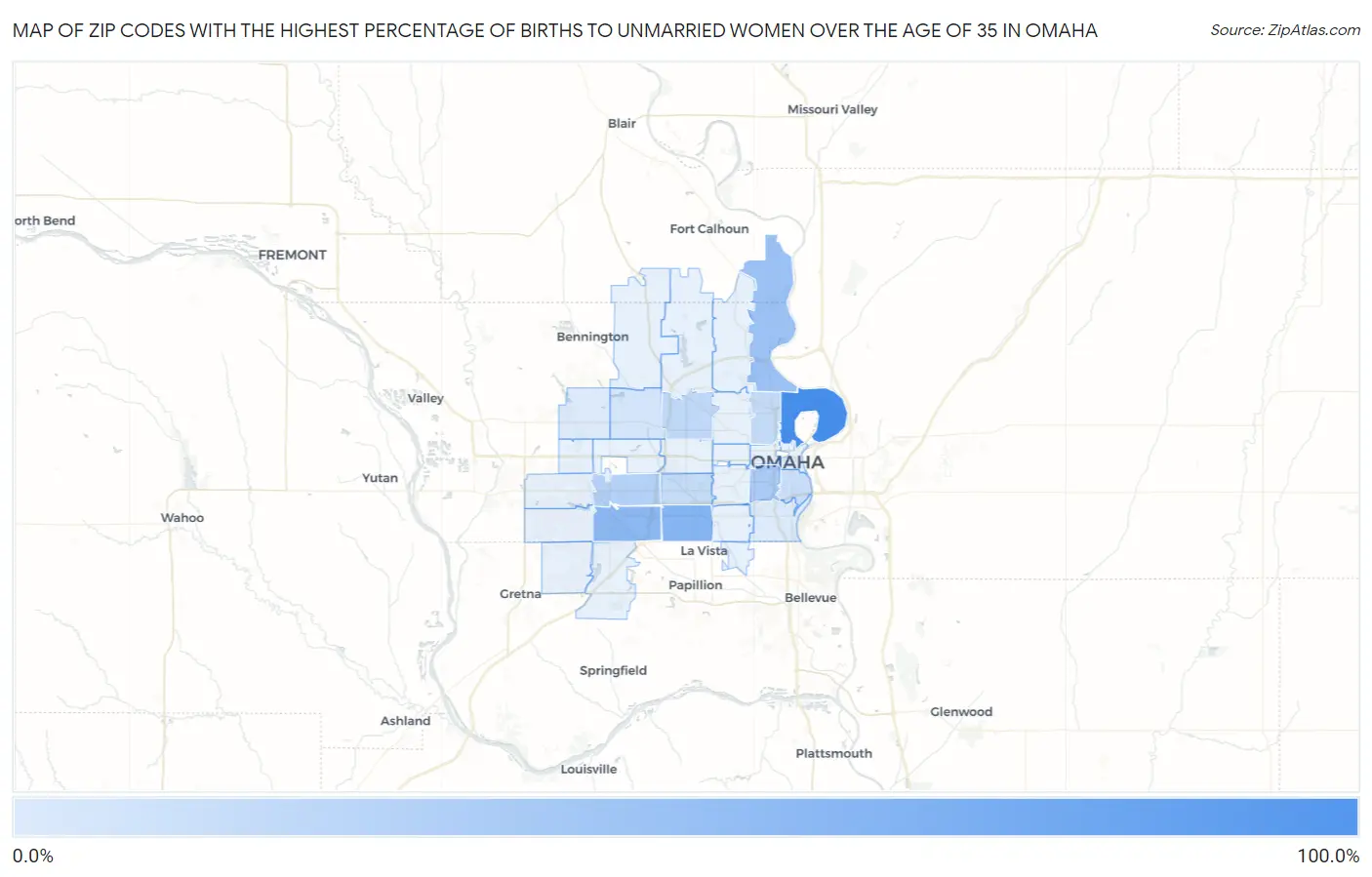 Zip Codes with the Highest Percentage of Births to Unmarried Women over the Age of 35 in Omaha Map