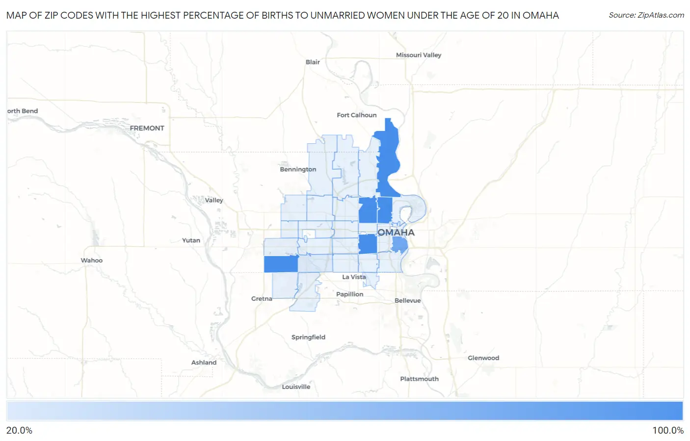 Zip Codes with the Highest Percentage of Births to Unmarried Women under the Age of 20 in Omaha Map