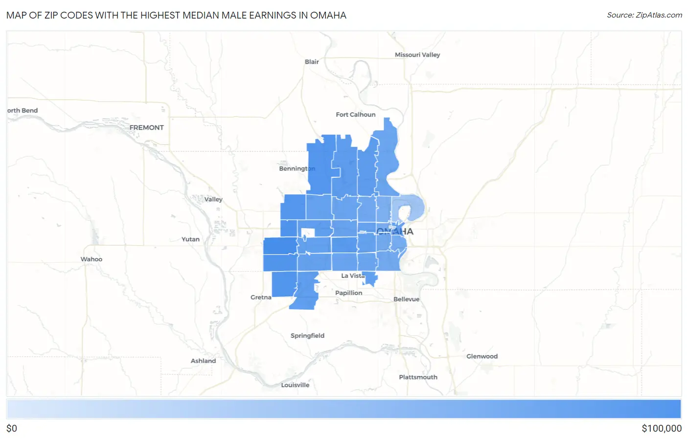Zip Codes with the Highest Median Male Earnings in Omaha Map