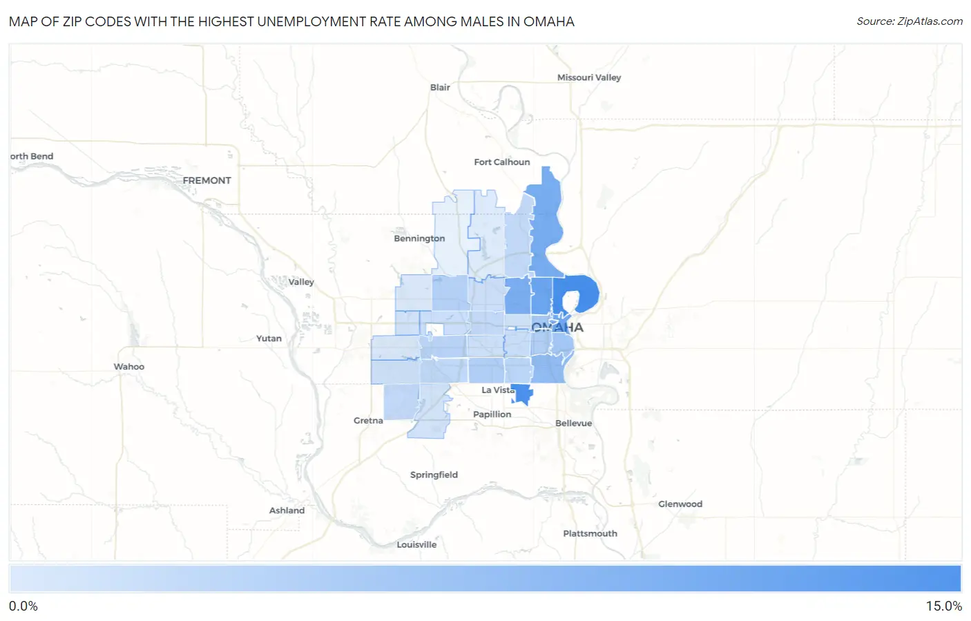 Zip Codes with the Highest Unemployment Rate Among Males in Omaha Map