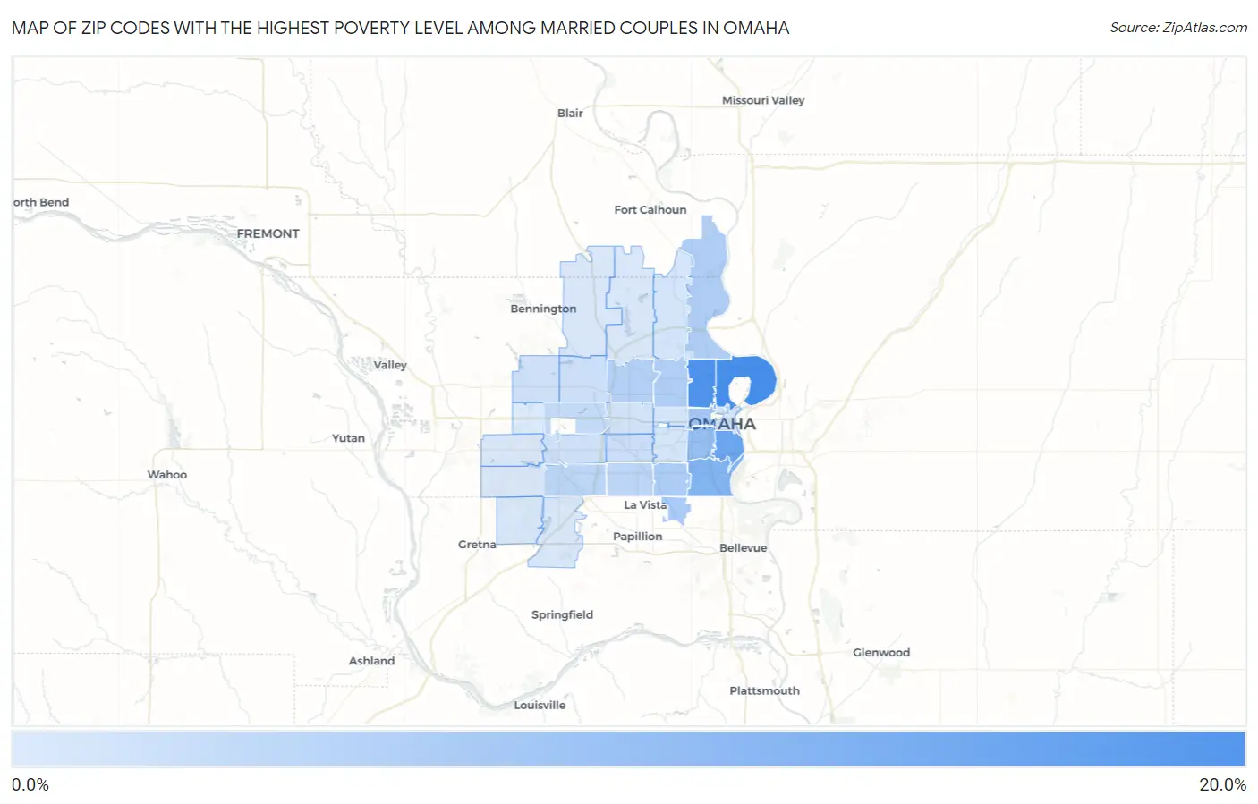 Zip Codes with the Highest Poverty Level Among Married Couples in Omaha Map