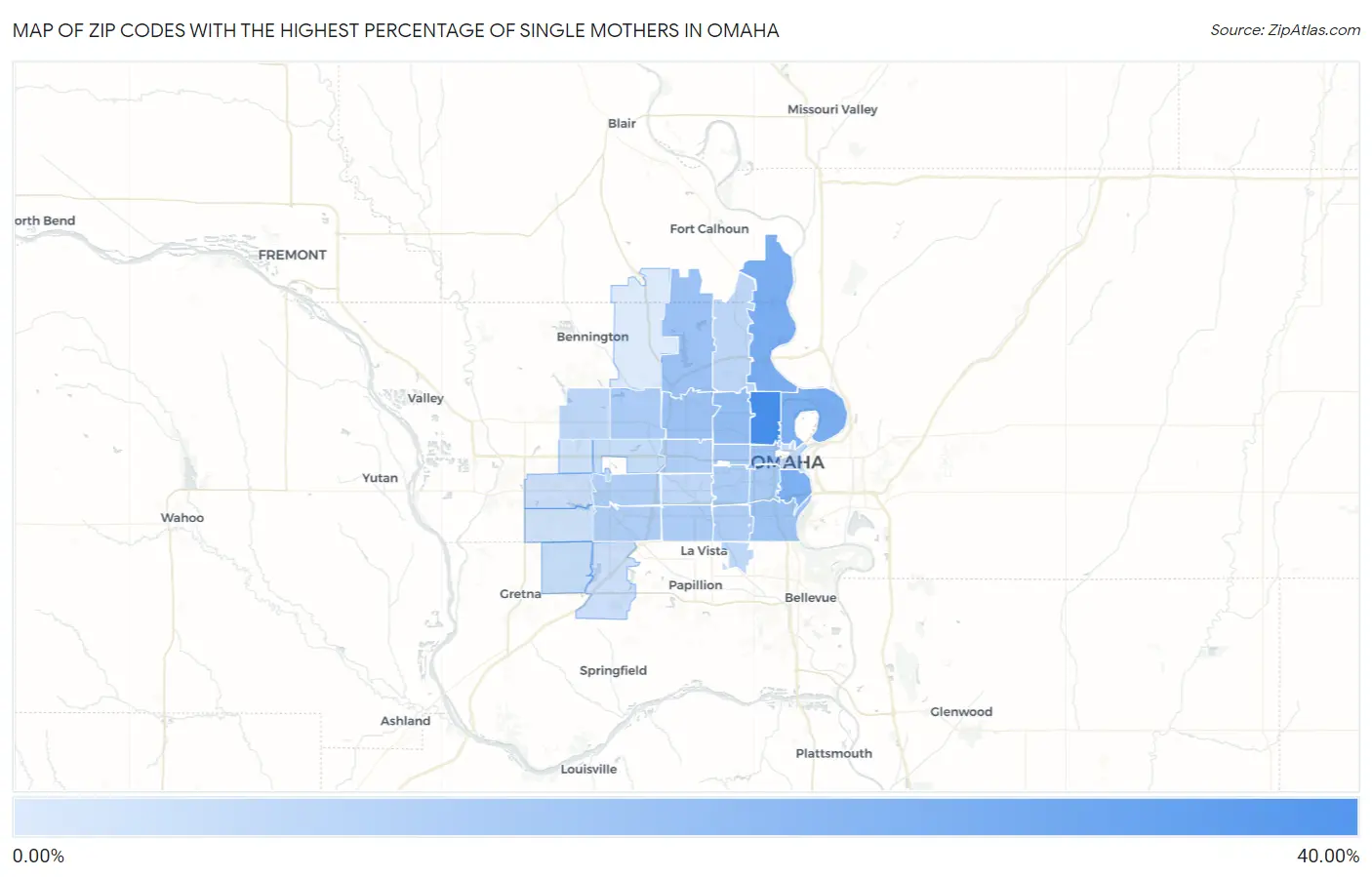 Zip Codes with the Highest Percentage of Single Mothers in Omaha Map