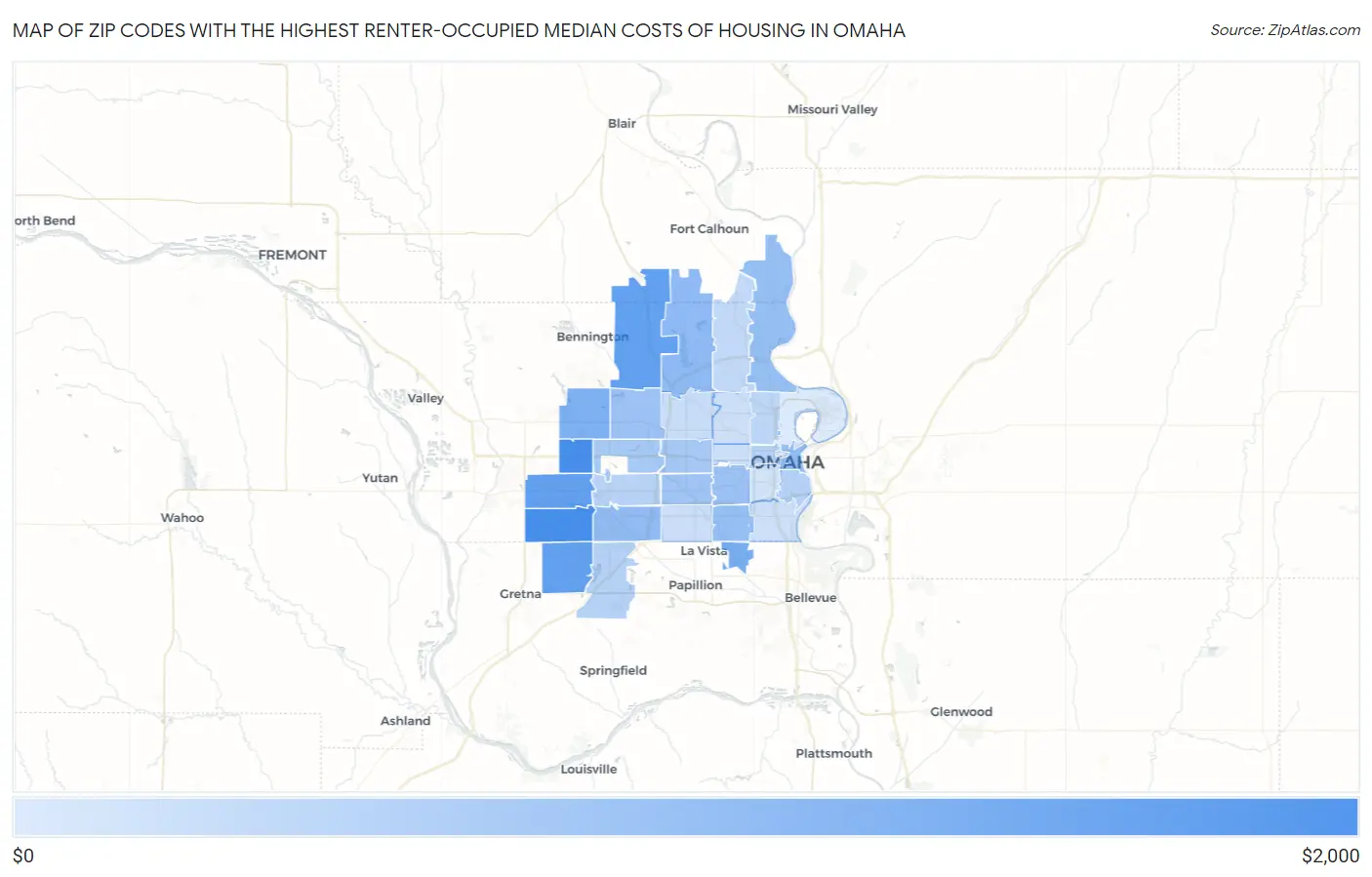 Zip Codes with the Highest Renter-Occupied Median Costs of Housing in Omaha Map