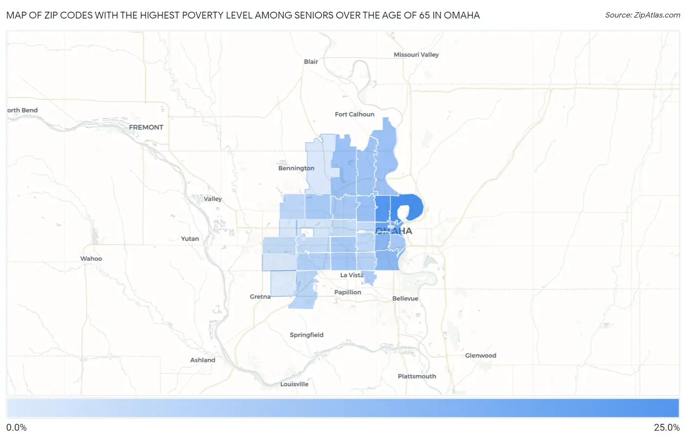 Zip Codes with the Highest Poverty Level Among Seniors Over the Age of 65 in Omaha Map