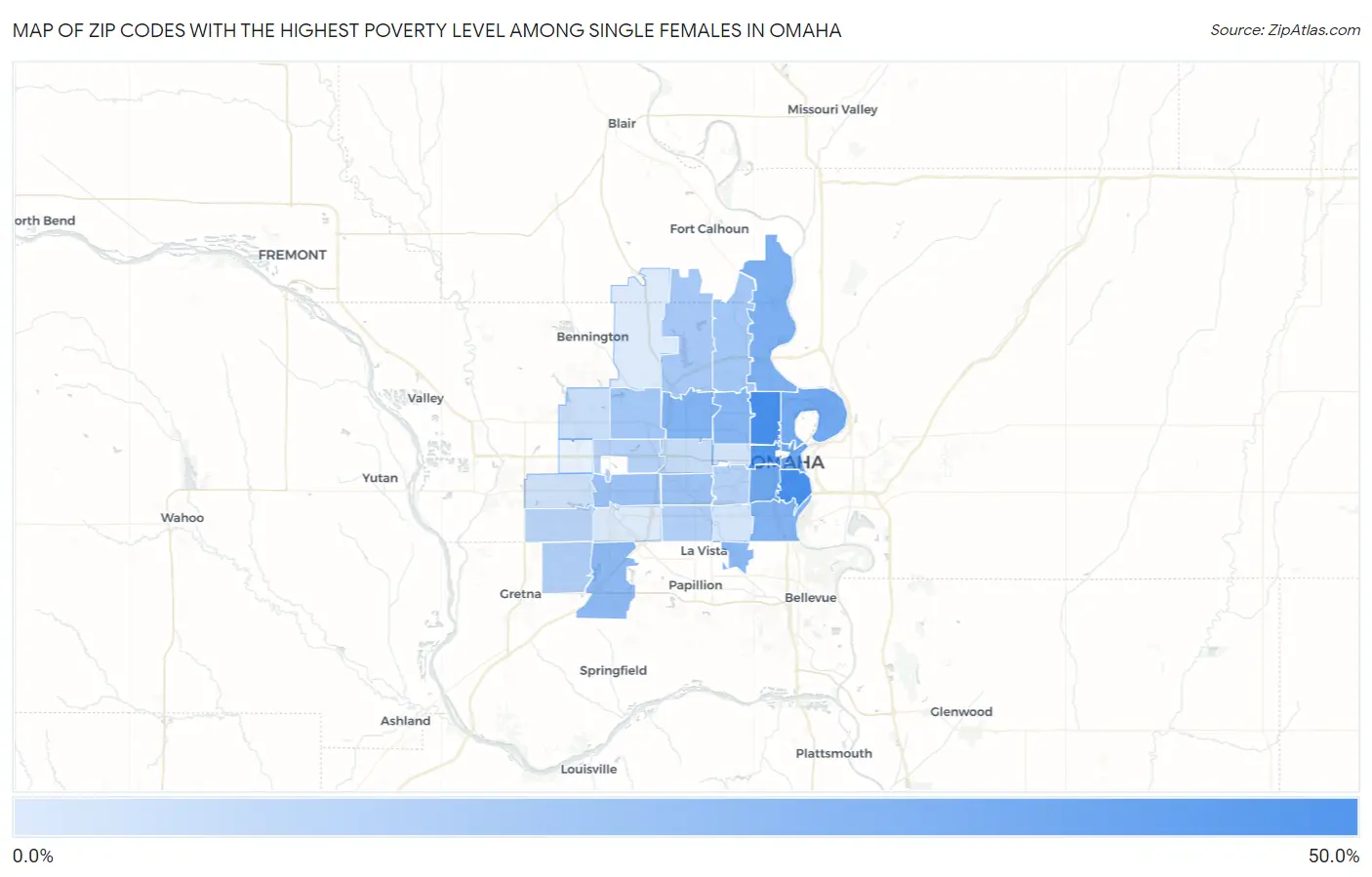 Zip Codes with the Highest Poverty Level Among Single Females in Omaha Map