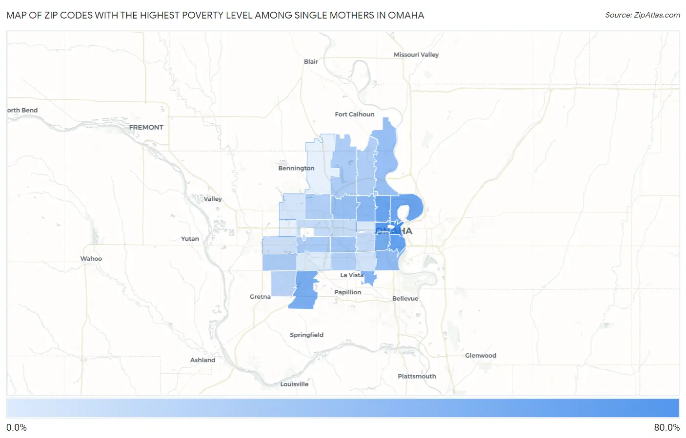 Zip Codes with the Highest Poverty Level Among Single Mothers in Omaha Map