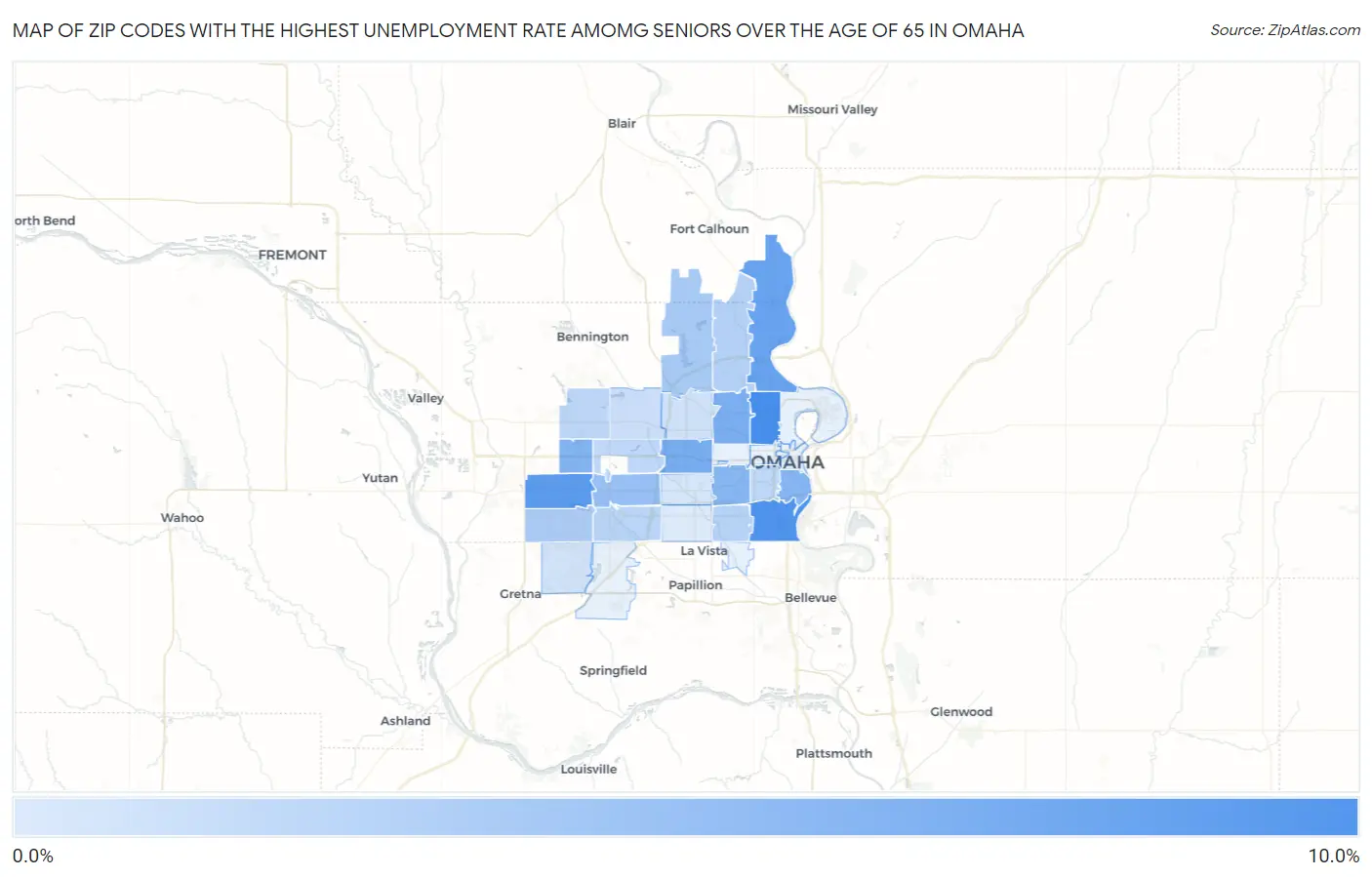 Zip Codes with the Highest Unemployment Rate Amomg Seniors Over the Age of 65 in Omaha Map