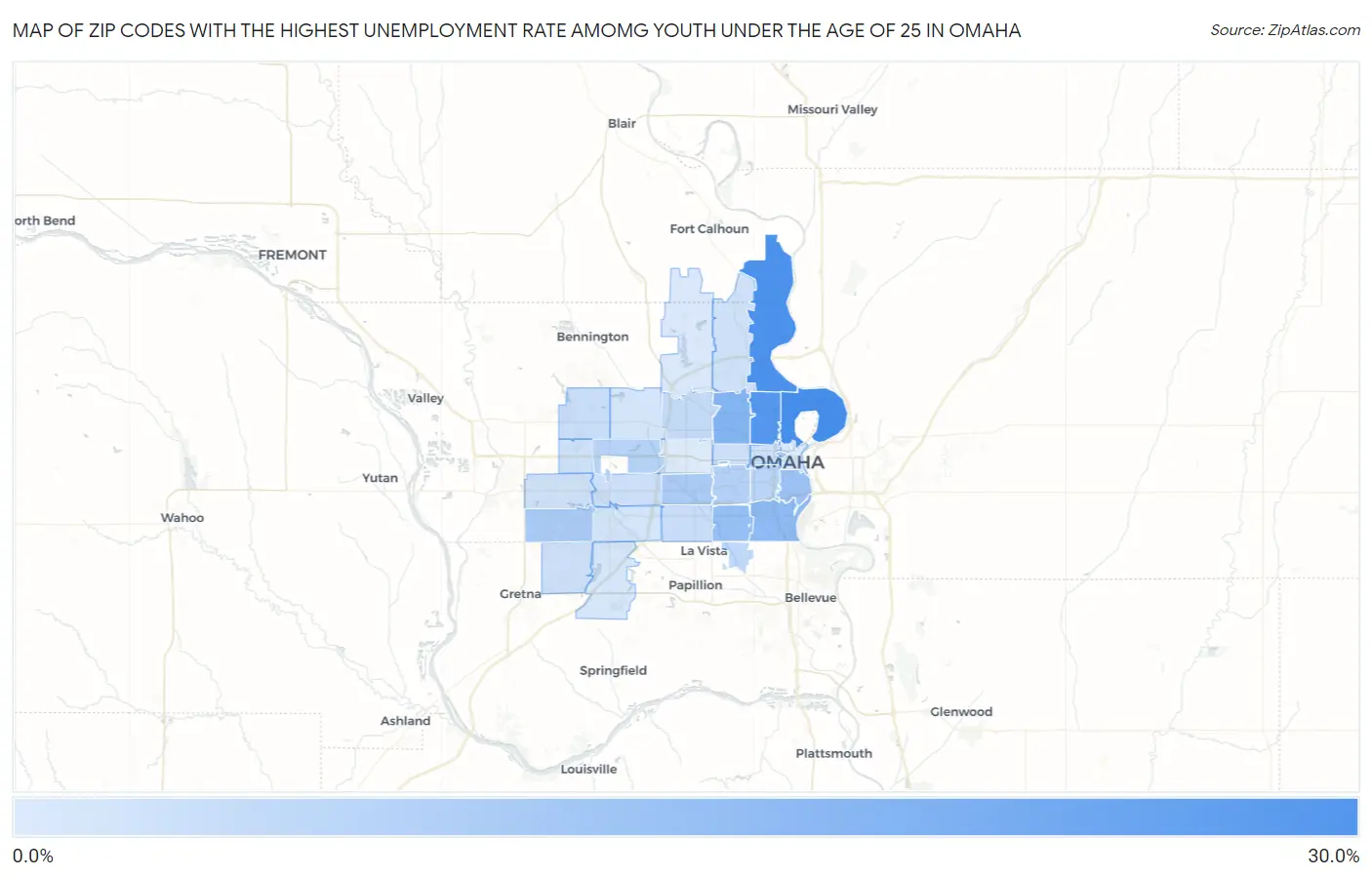 Zip Codes with the Highest Unemployment Rate Amomg Youth Under the Age of 25 in Omaha Map