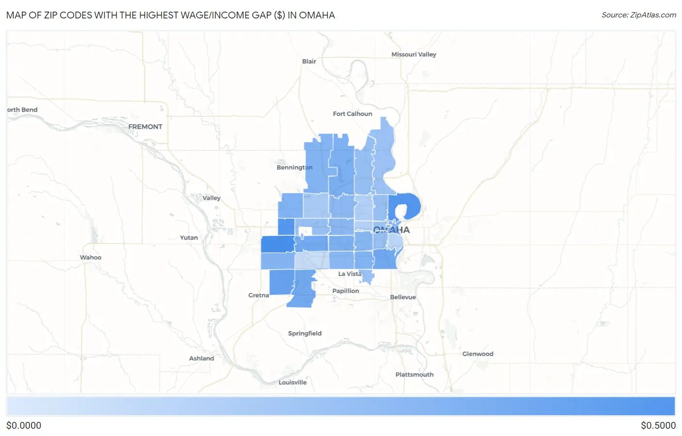 Zip Codes with the Highest Wage/Income Gap ($) in Omaha Map
