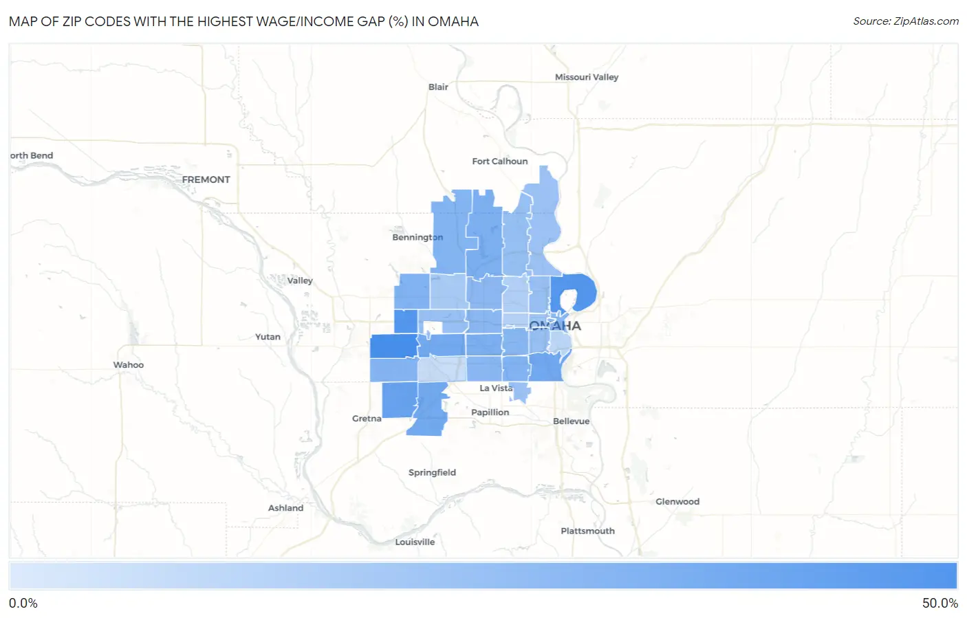Zip Codes with the Highest Wage/Income Gap (%) in Omaha Map