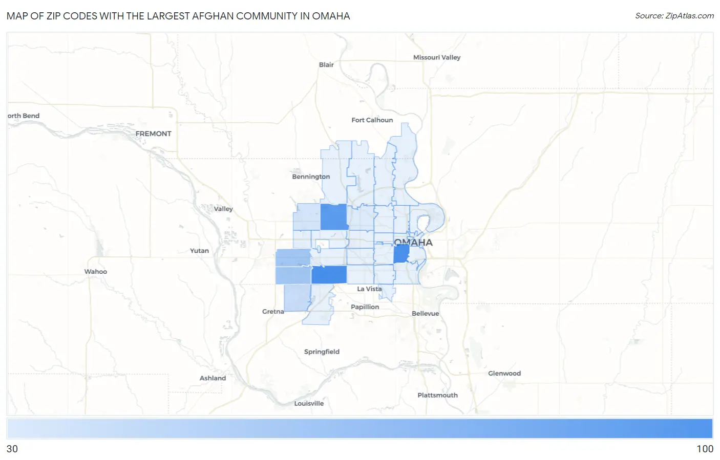 Zip Codes with the Largest Afghan Community in Omaha Map