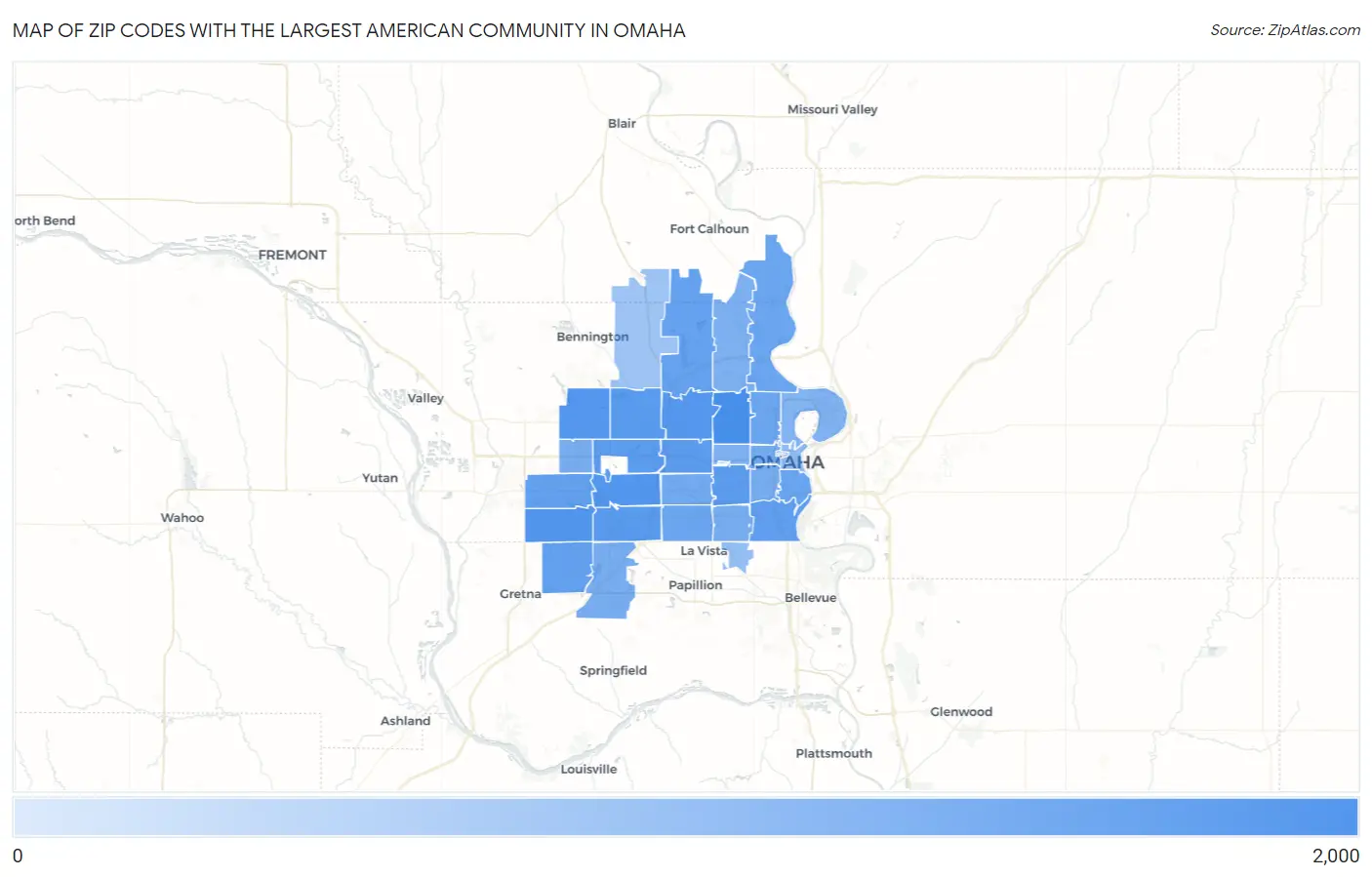 Zip Codes with the Largest American Community in Omaha Map