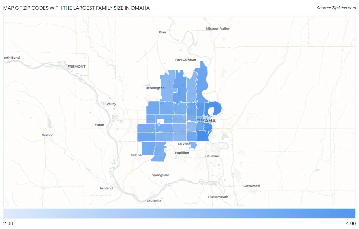 Zip Codes with the Largest Family Size in Omaha Map