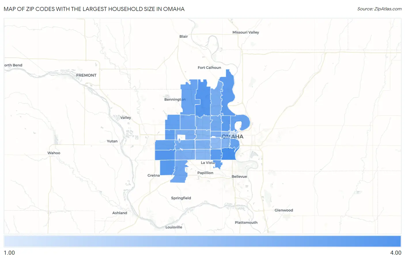Zip Codes with the Largest Household Size in Omaha Map