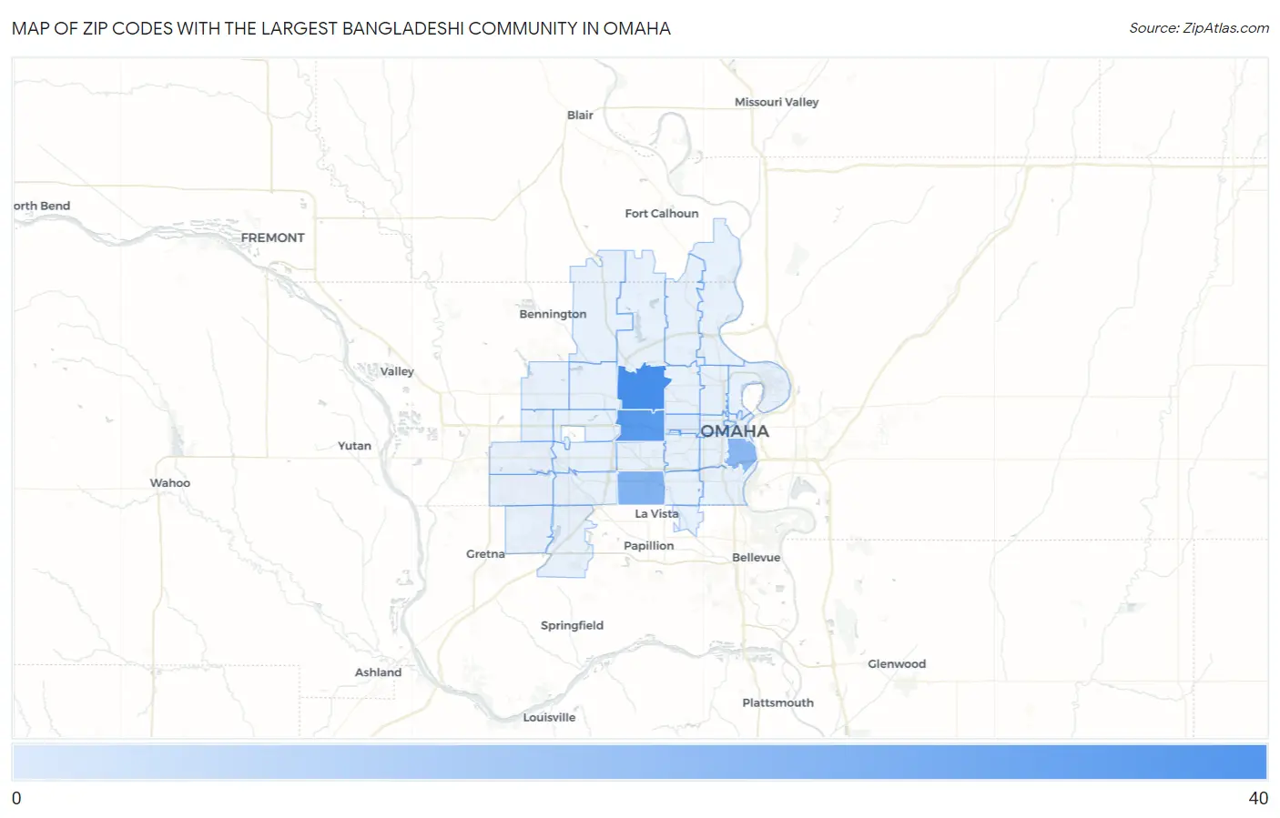 Zip Codes with the Largest Bangladeshi Community in Omaha Map