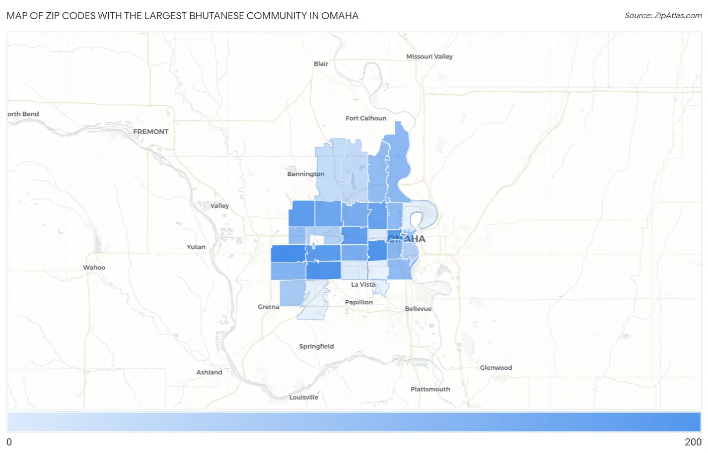 Zip Codes with the Largest Bhutanese Community in Omaha Map