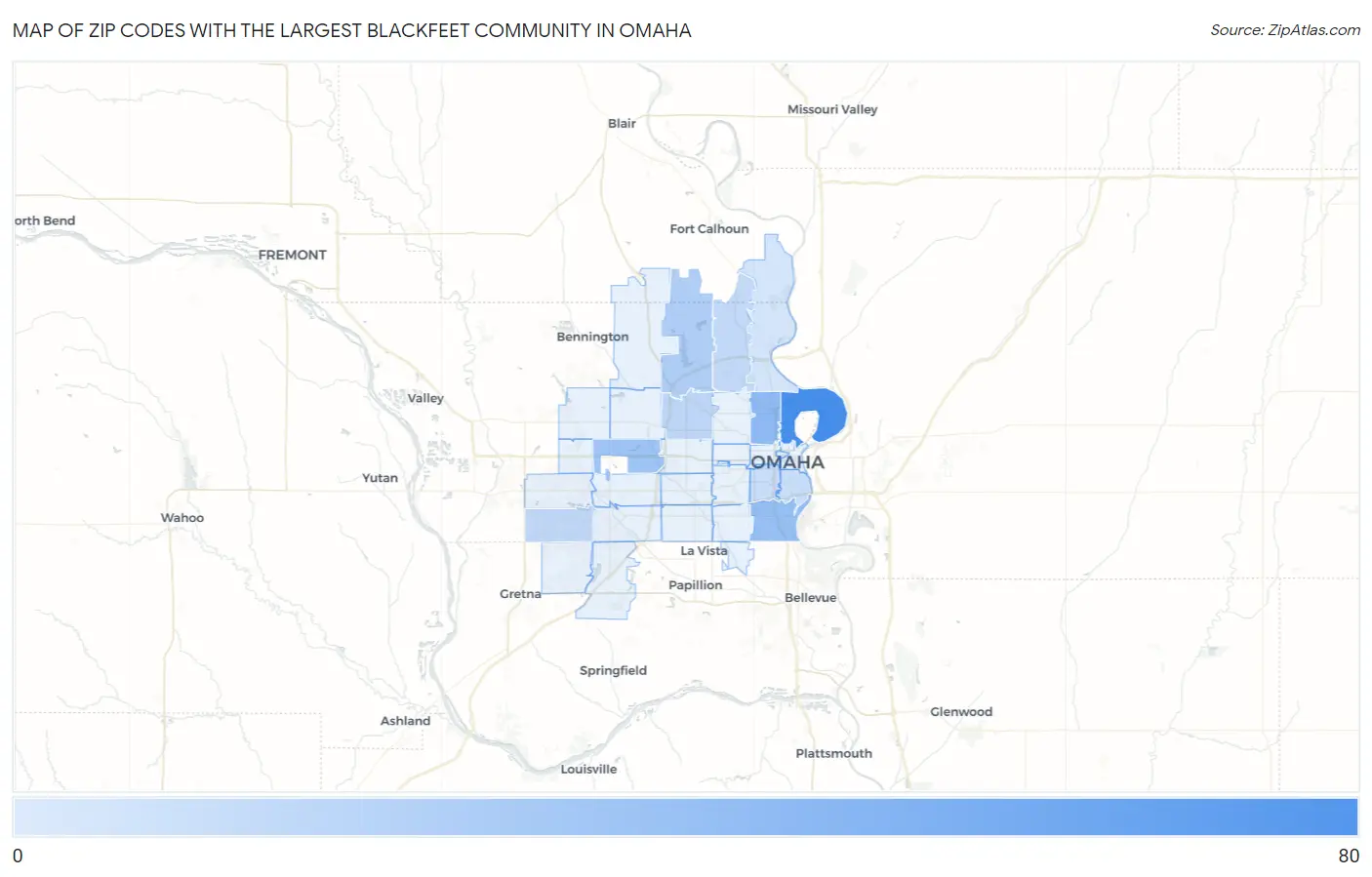 Zip Codes with the Largest Blackfeet Community in Omaha Map