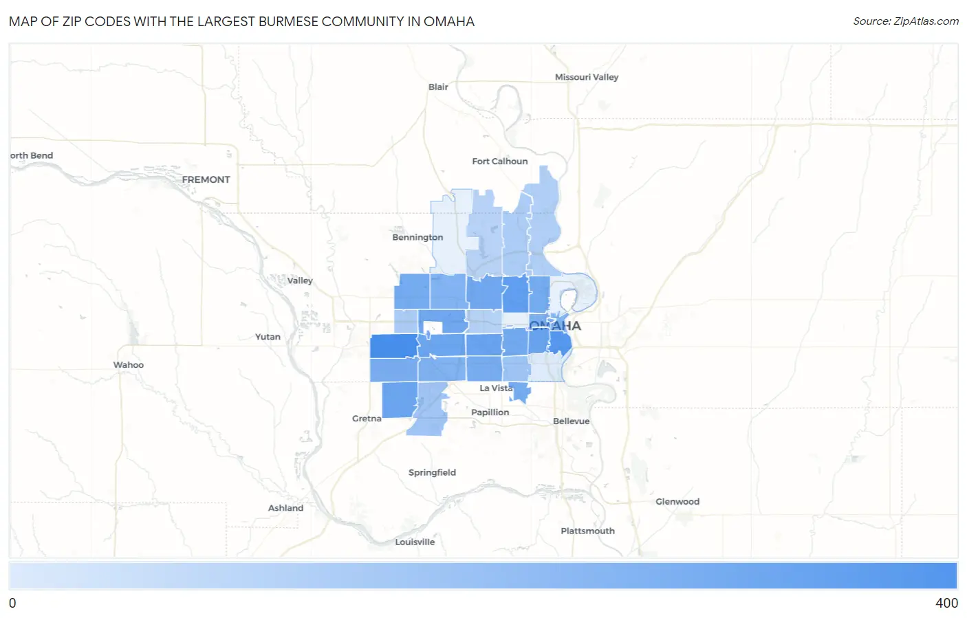 Zip Codes with the Largest Burmese Community in Omaha Map