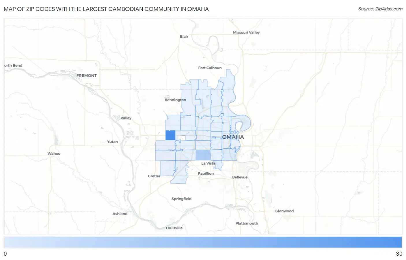 Zip Codes with the Largest Cambodian Community in Omaha Map