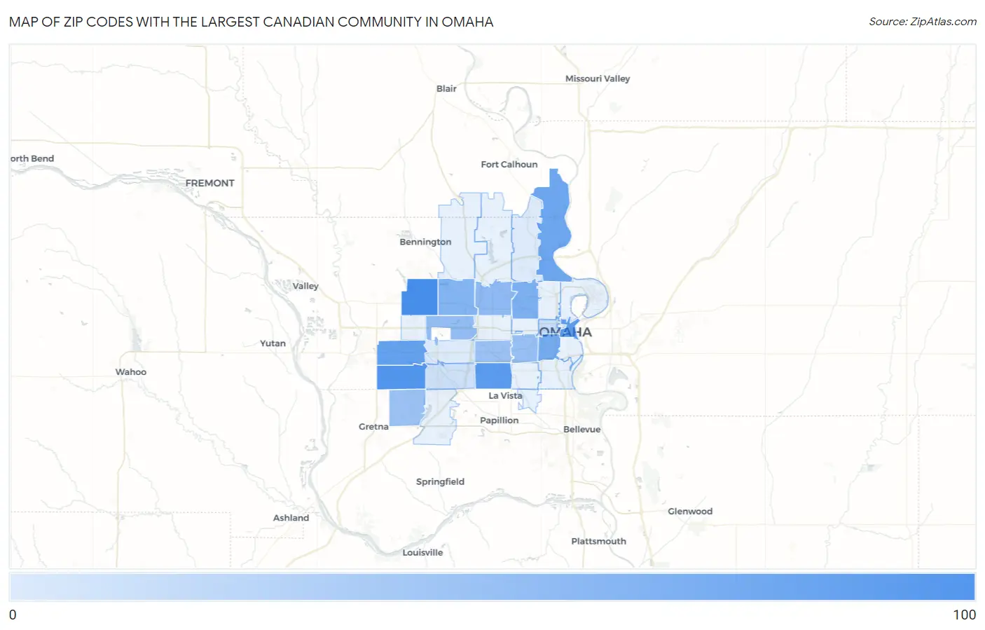 Zip Codes with the Largest Canadian Community in Omaha Map
