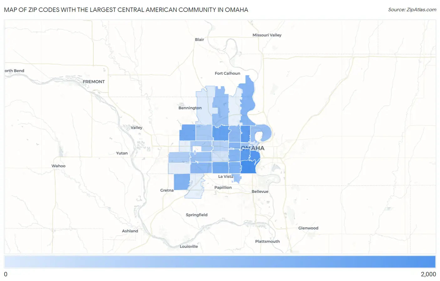 Zip Codes with the Largest Central American Community in Omaha Map