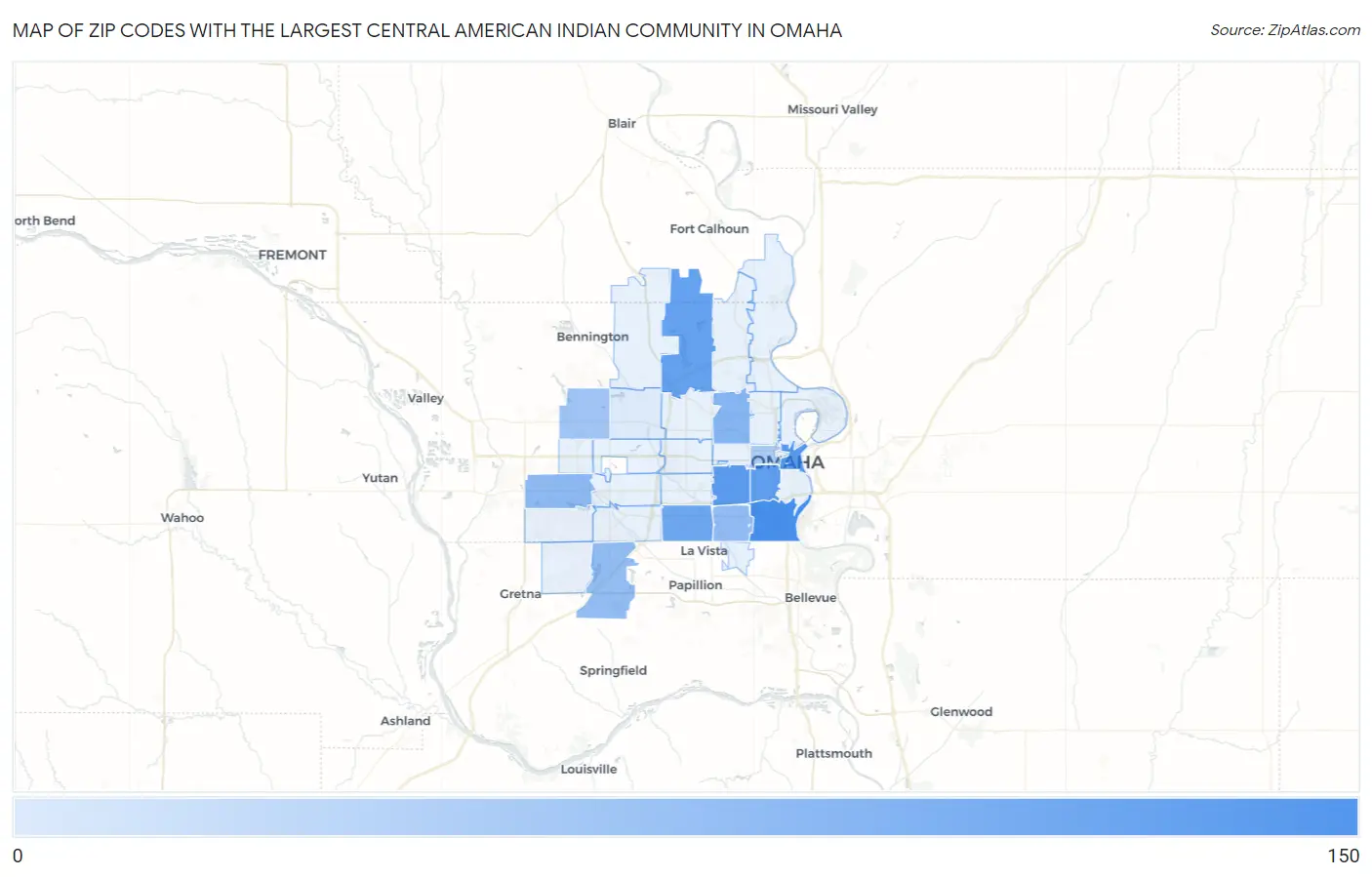 Zip Codes with the Largest Central American Indian Community in Omaha Map