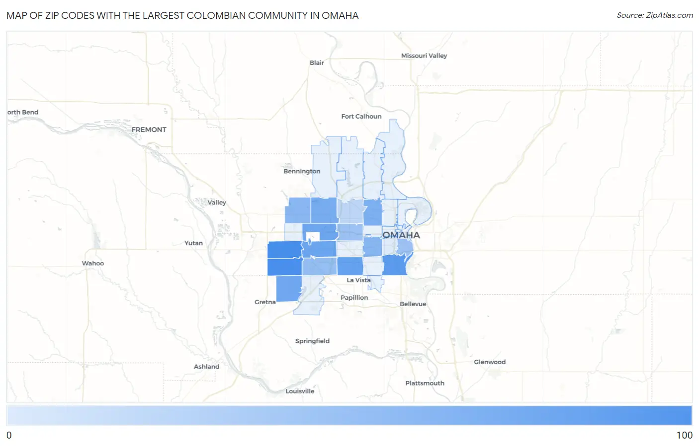 Zip Codes with the Largest Colombian Community in Omaha Map