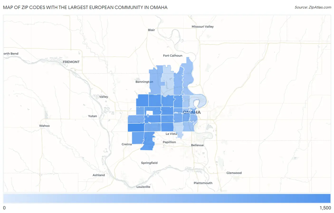 Zip Codes with the Largest European Community in Omaha Map