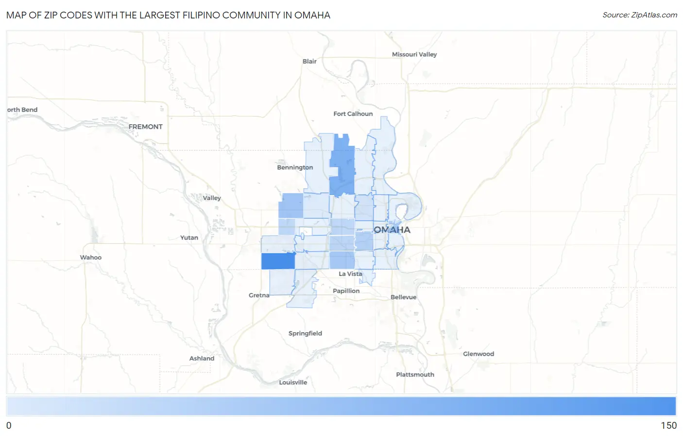 Zip Codes with the Largest Filipino Community in Omaha Map