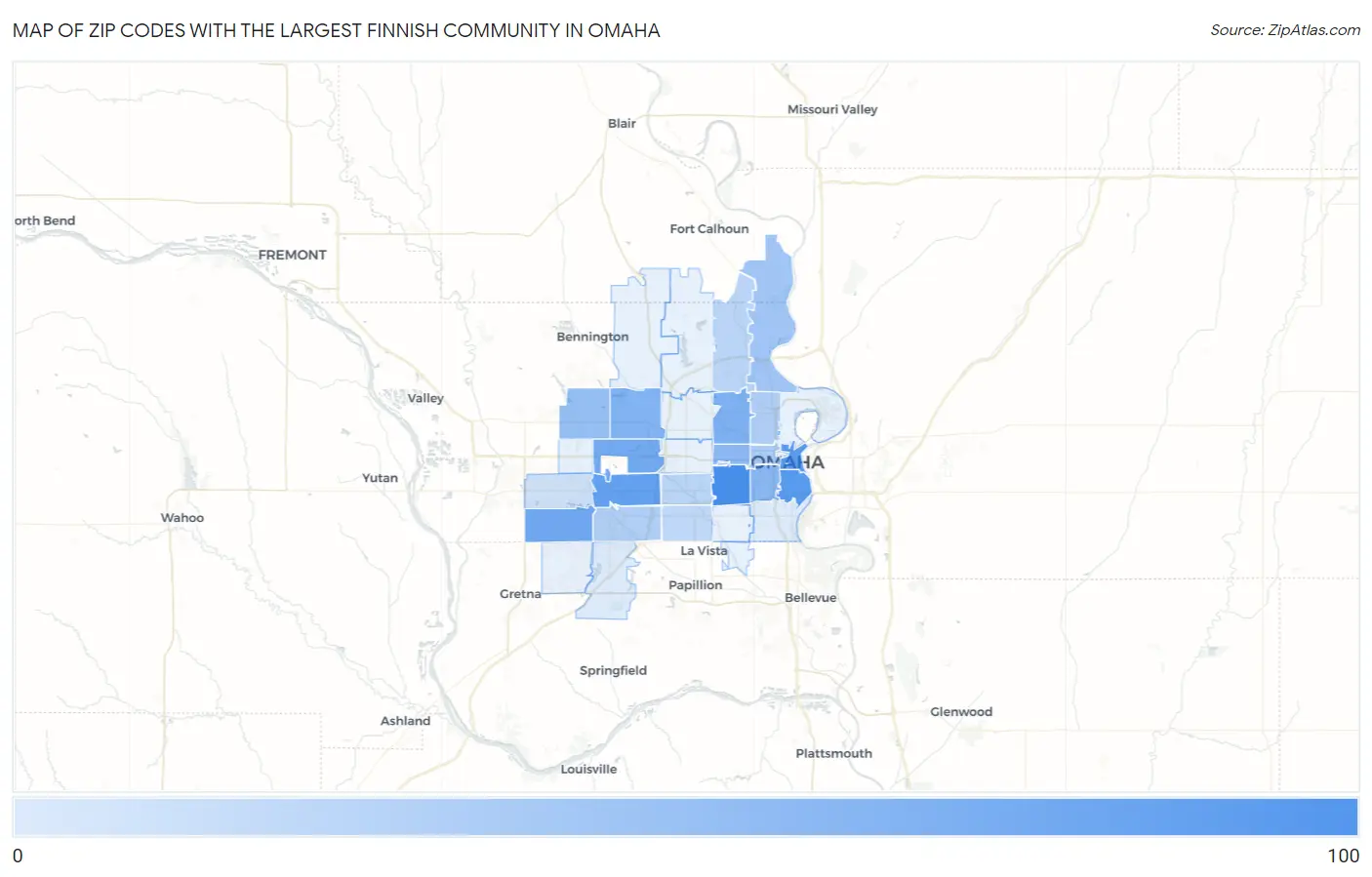 Zip Codes with the Largest Finnish Community in Omaha Map
